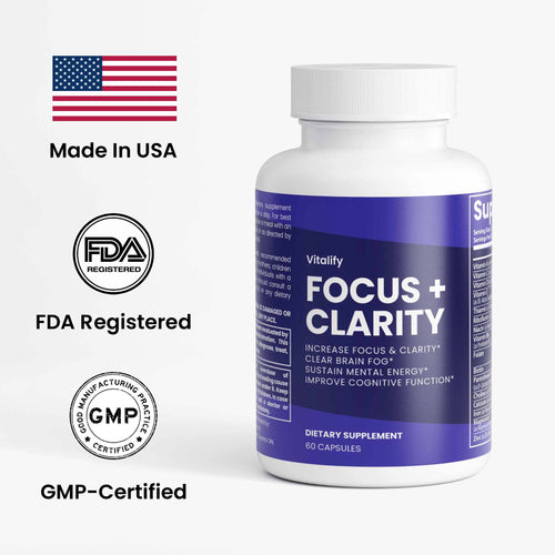 Supplement bottle labeled 'Focus + Clarity' with certification logos on a white background